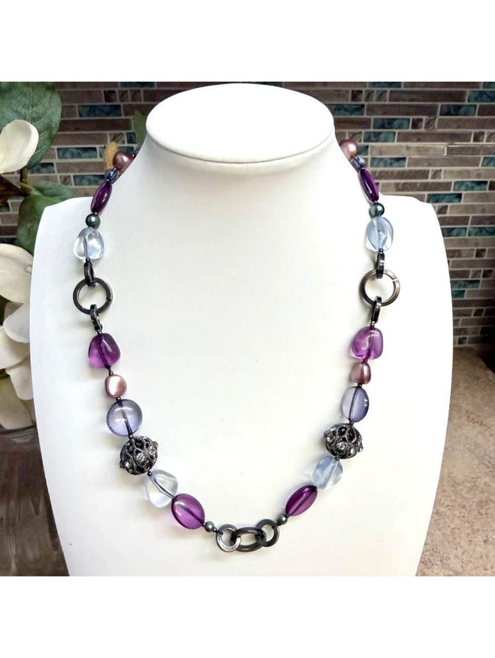 Vintage Napier Purple Lucite Bead Gunmetal Statement Necklace Adjustable Signed